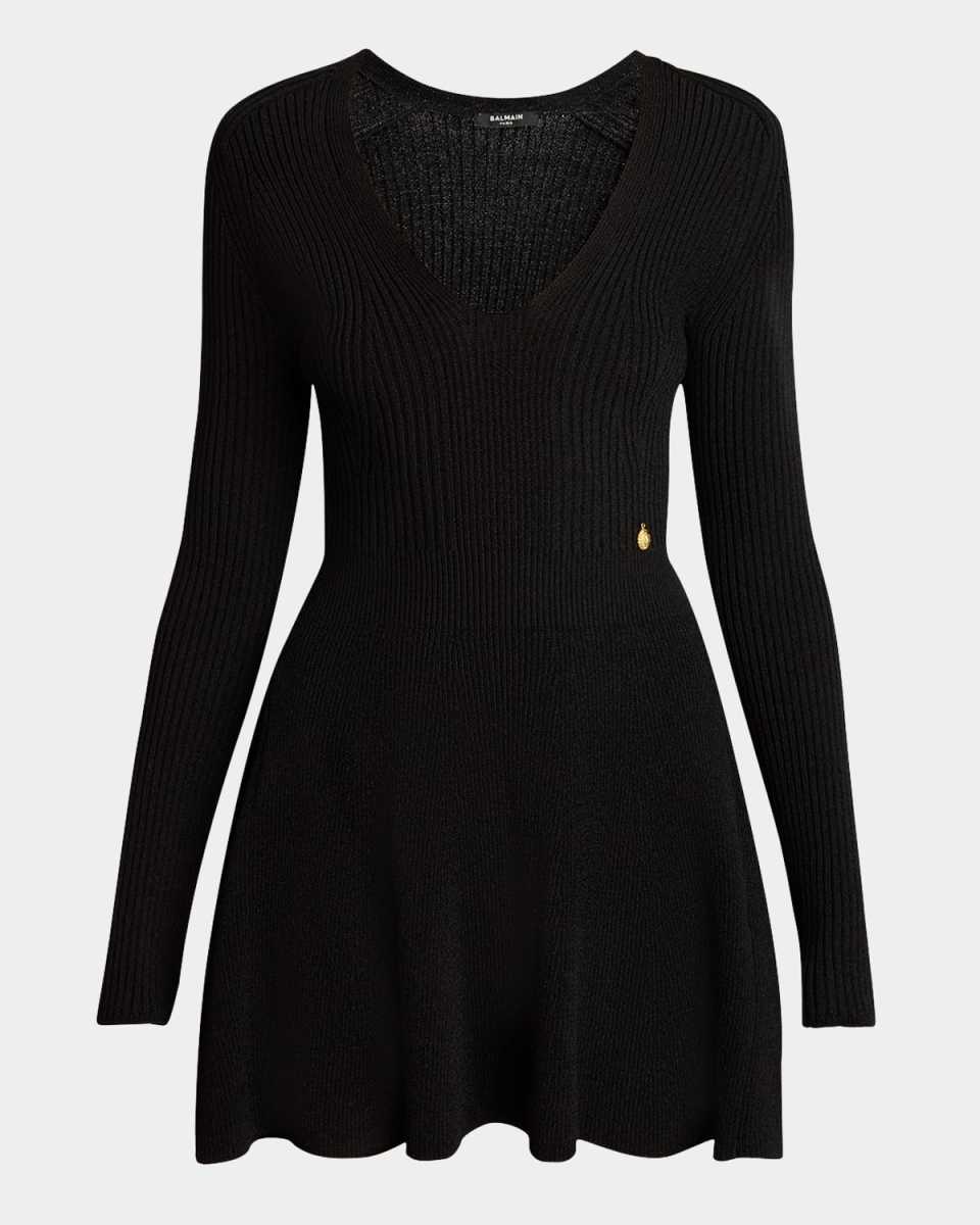 Plunging Long-Sleeve Rib Knit Mini Dress